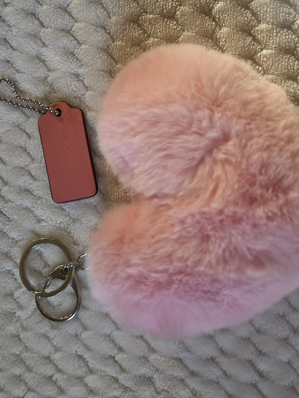 Coach Pink Hang Tag And Furry Pink Heart Keychain Set.